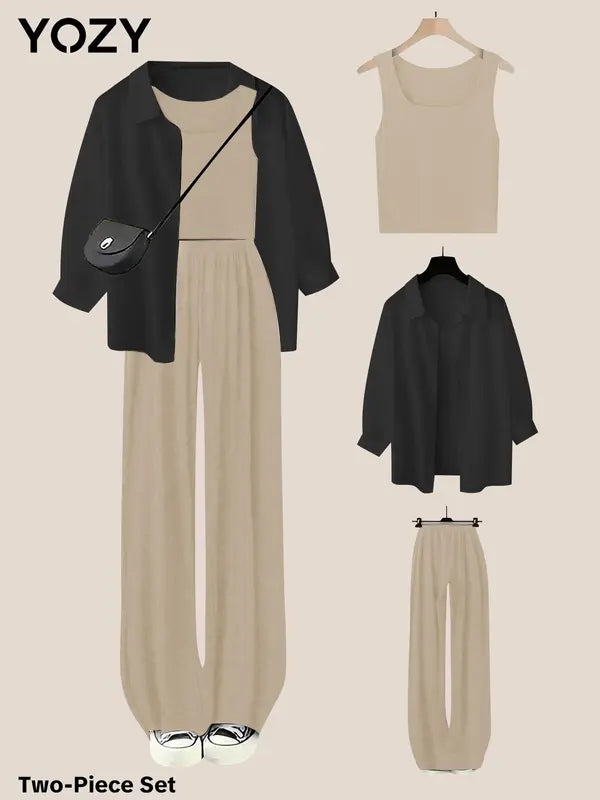 YOZY Women's Solid Button Front Shirt & Elastic Waist Pants & Tank Top Set, Casual Long Sleeve Collared Top & Trousers & Crop Top, Ladies Clothes for All Seasons, Travel