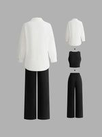 YOZY Women's Solid Button Front Shirt & Elastic Waist Pants & Tank Top Set, Casual Long Sleeve Collared Top & Trousers & Crop Top, Ladies Clothes for All Seasons, Travel