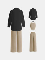 YOZY Women's Solid Button Front Shirt & Elastic Waist Pants & Tank Top Set, Casual Long Sleeve Collared Top & Trousers & Crop Top, Ladies Clothes for All Seasons, Travel