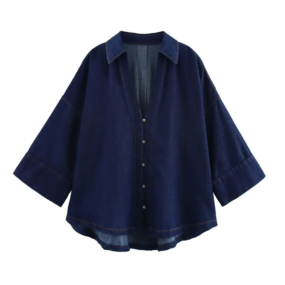 Yozy Women’s Denim Two-Piece Set – Loose Fit Button-Down Shirt with Wide-Leg Pants, Casual & Fashionable Outfit