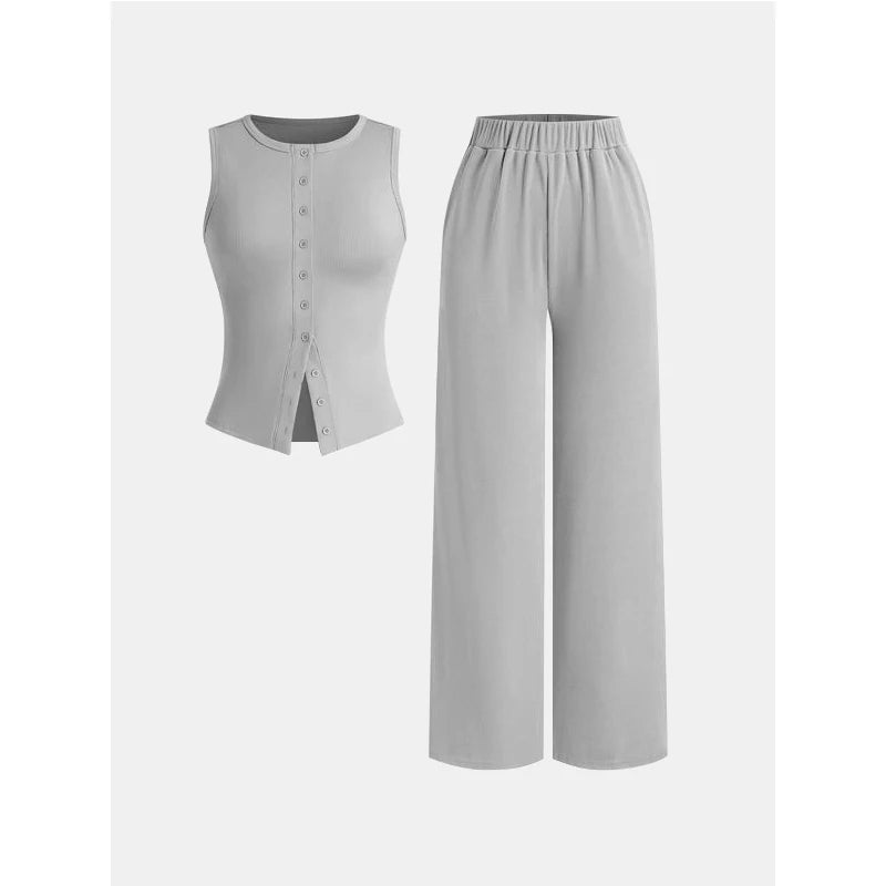 Yozy Women's Summer Thin Button Ribbed Vest Wide Leg Pants Set, Women's Ice Sense Casual Pants Set