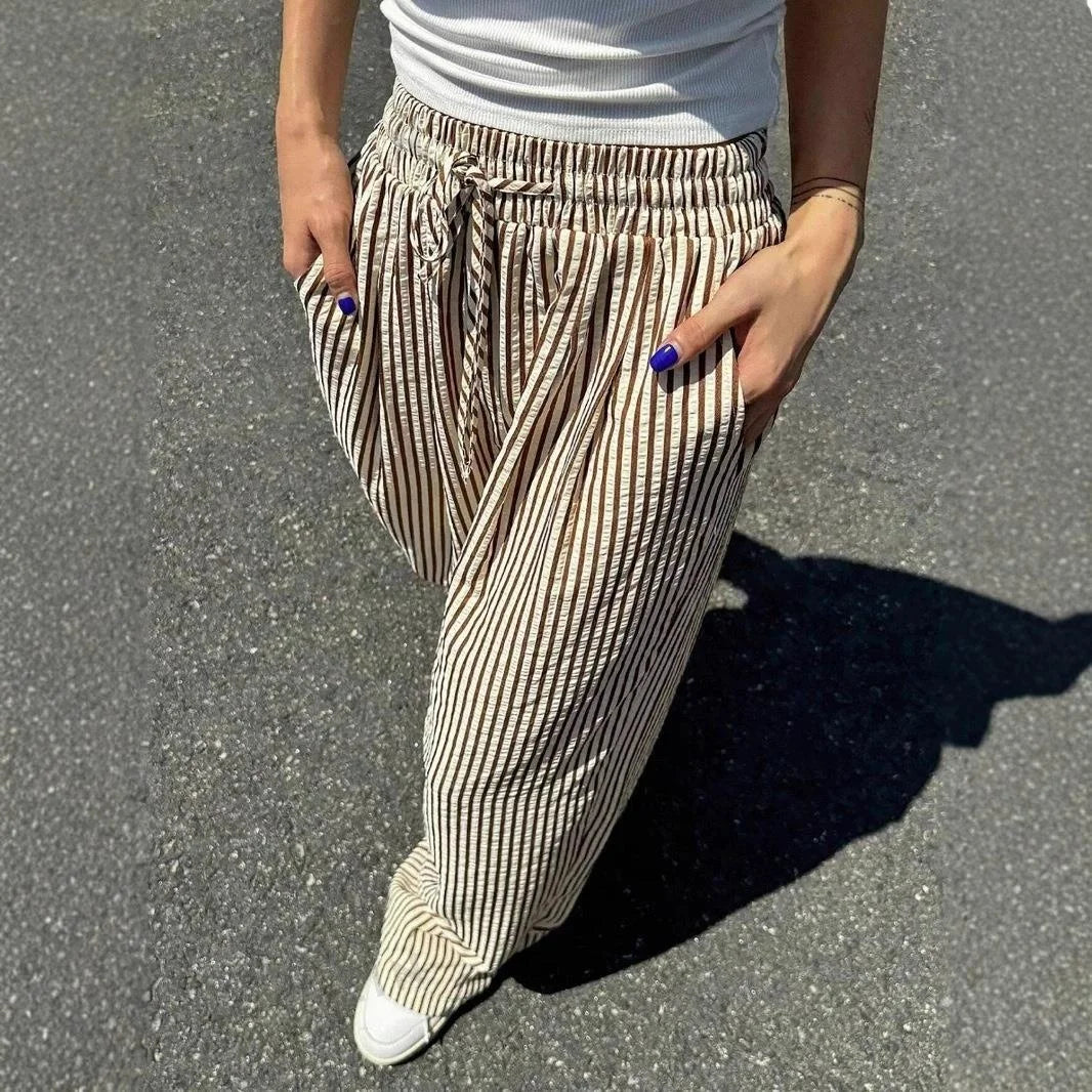 Yozy Women’s Casual Striped Straight-Leg Pants – Comfortable Polyester Trousers with Single Stripe Design for Middle-Aged Women