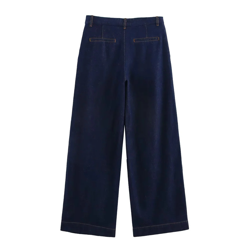 Yozy Women’s Denim Two-Piece Set – Loose Fit Button-Down Shirt with Wide-Leg Pants, Casual & Fashionable Outfit