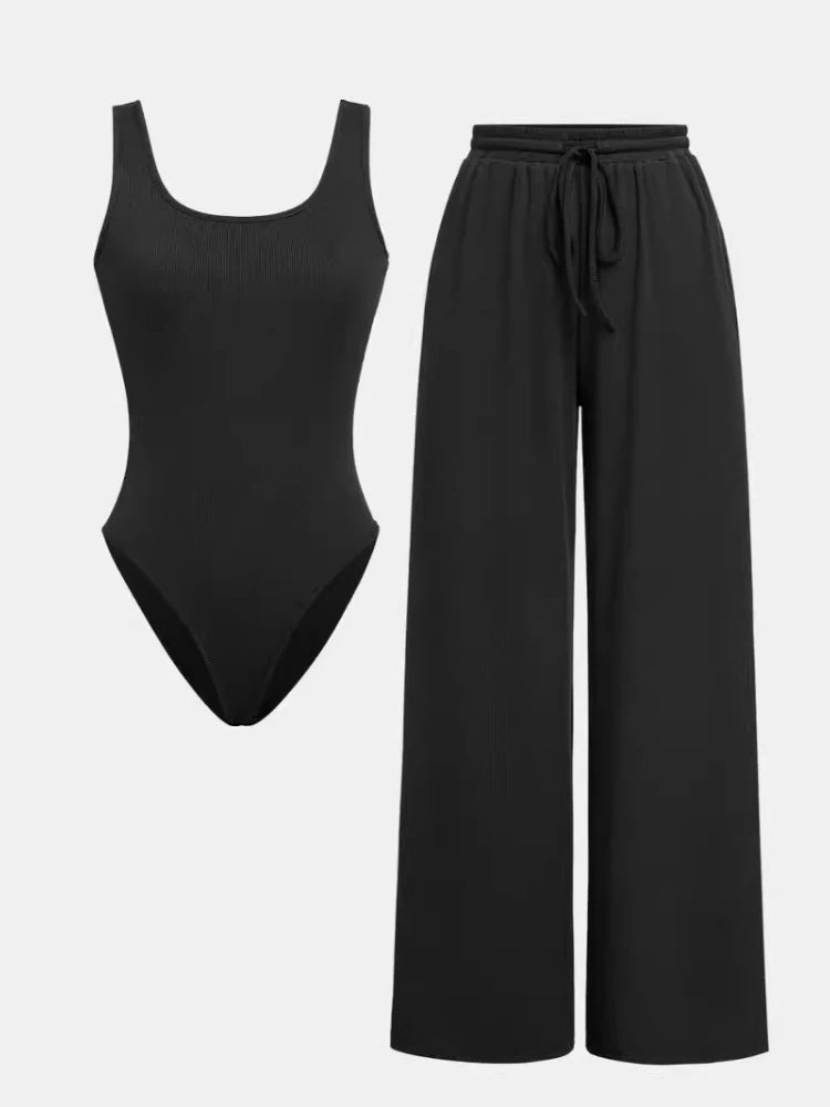 Yozy Pants Set Women Two Piece Sets Bodysuits Y2k Tops Sleeveless Vest Overalls Wide Leg Long Pants Lace Up High Waist Matching Sets
