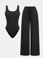 Yozy Pants Set Women Two Piece Sets Bodysuits Y2k Tops Sleeveless Vest Overalls Wide Leg Long Pants Lace Up High Waist Matching Sets