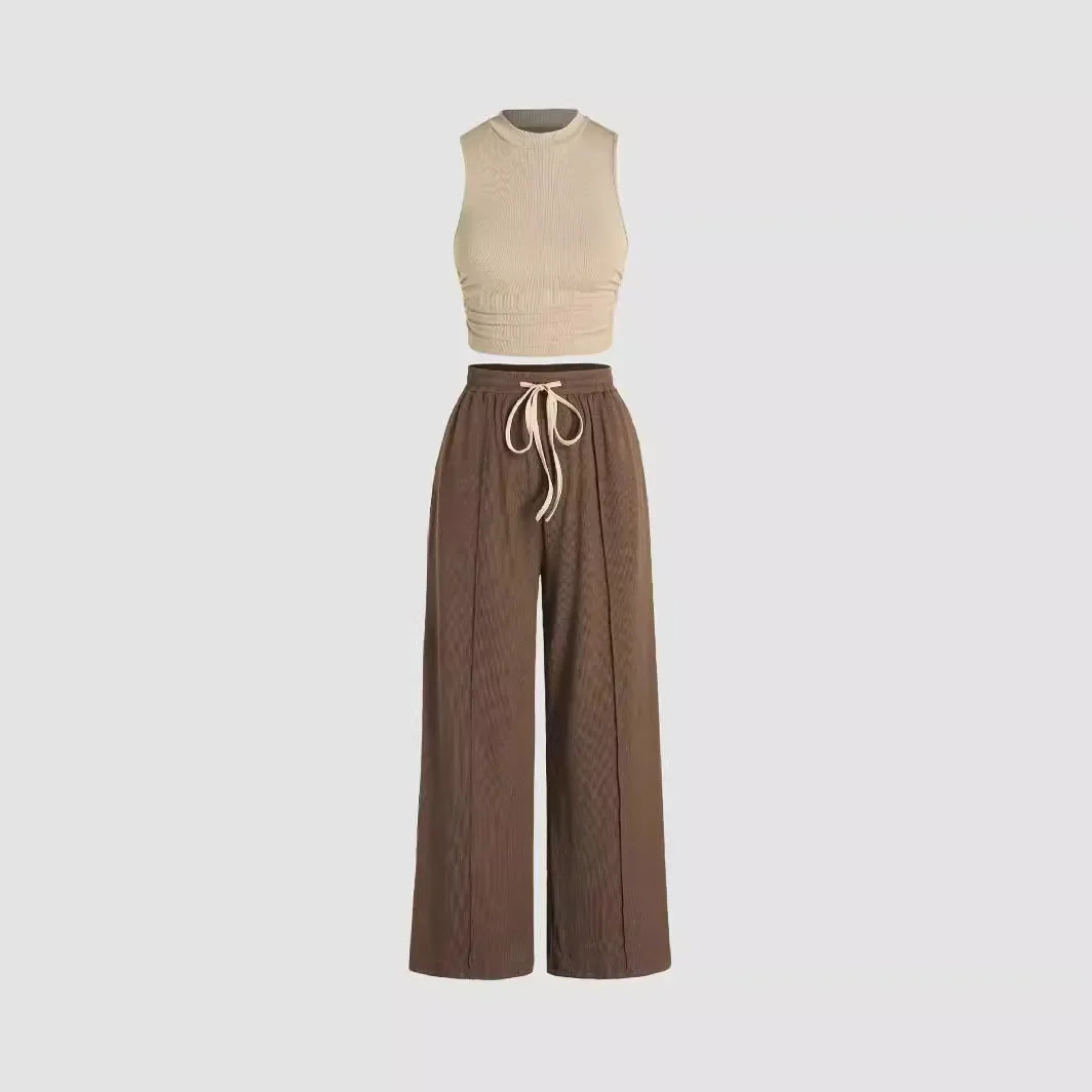 Yozy Solid Color Summer Two-Piece Pants Set – Sleeveless Vest & Wide-Leg Trousers, Fashionable Wrinkle-Free Outfit for Casual & Office Wear