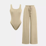 Yozy Pants Set Women Two Piece Sets Bodysuits Y2k Tops Sleeveless Vest Overalls Wide Leg Long Pants Lace Up High Waist Matching Sets