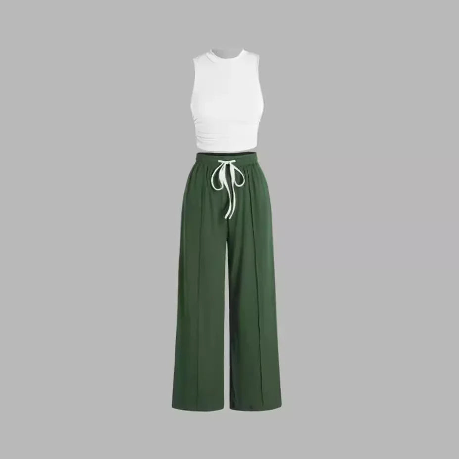 Yozy Solid Color Summer Two-Piece Pants Set – Sleeveless Vest & Wide-Leg Trousers, Fashionable Wrinkle-Free Outfit for Casual & Office Wear