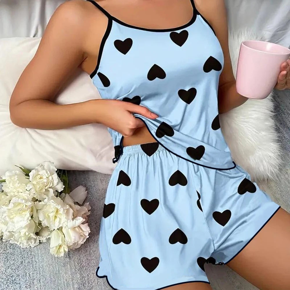 Yozy Women's Pajama Set Pajamas T-Shirts Shorts Pink Heart-Shaped Print Round Neck T-Shirt Ice Silk Top Comfortable Casual Summer ﻿
