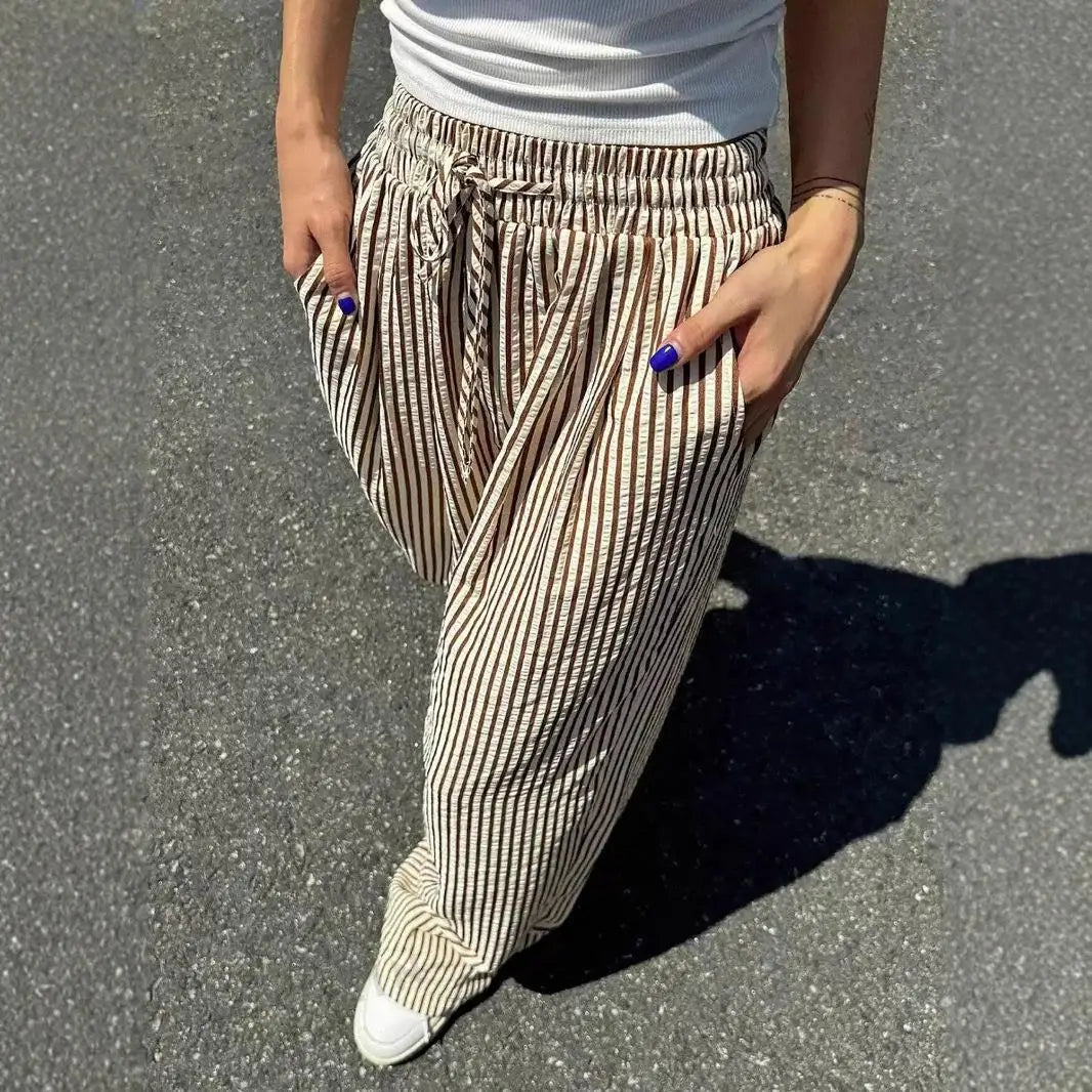 Yozy Women’s Casual Striped Straight-Leg Pants – Comfortable Polyester Trousers with Single Stripe Design for Middle-Aged Women
