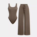 Yozy Pants Set Women Two Piece Sets Bodysuits Y2k Tops Sleeveless Vest Overalls Wide Leg Long Pants Lace Up High Waist Matching Sets