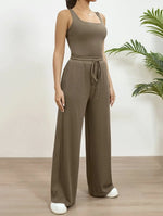 Yozy Pants Set Women Two Piece Sets Bodysuits Y2k Tops Sleeveless Vest Overalls Wide Leg Long Pants Lace Up High Waist Matching Sets
