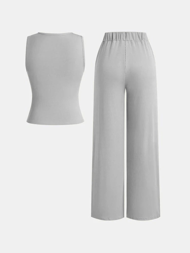 Yozy Women's Summer Thin Button Ribbed Vest Wide Leg Pants Set, Women's Ice Sense Casual Pants Set