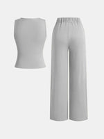Yozy Women's Summer Thin Button Ribbed Vest Wide Leg Pants Set, Women's Ice Sense Casual Pants Set