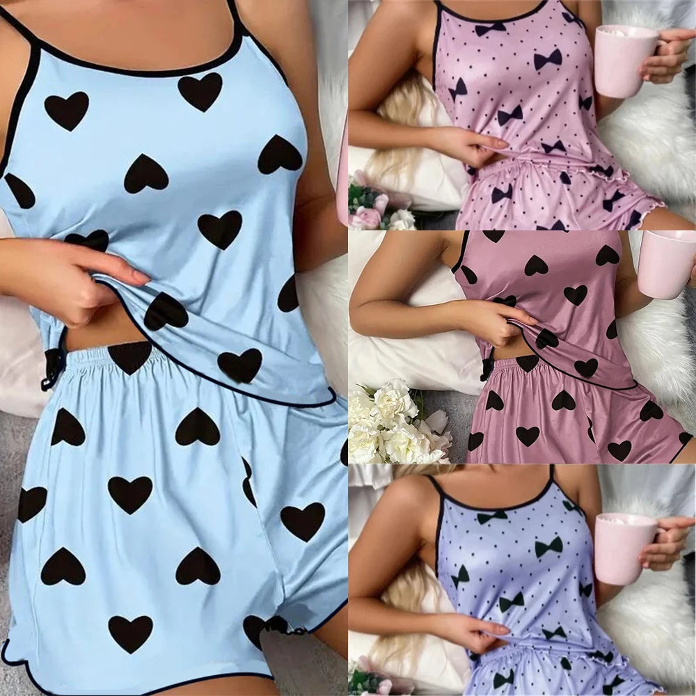 Yozy Women's Pajama Set Pajamas T-Shirts Shorts Pink Heart-Shaped Print Round Neck T-Shirt Ice Silk Top Comfortable Casual Summer ﻿