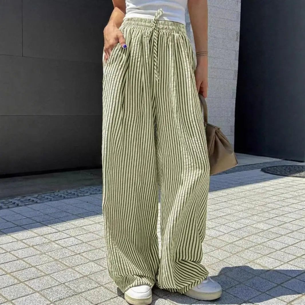 Yozy Women’s Casual Striped Straight-Leg Pants – Comfortable Polyester Trousers with Single Stripe Design for Middle-Aged Women