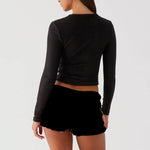 Yozy Women Crop Tops Summer Knit Ribbed Button Front Long Sleeve Shirt for Club Streetwear Aesthetic Grunge Clothes