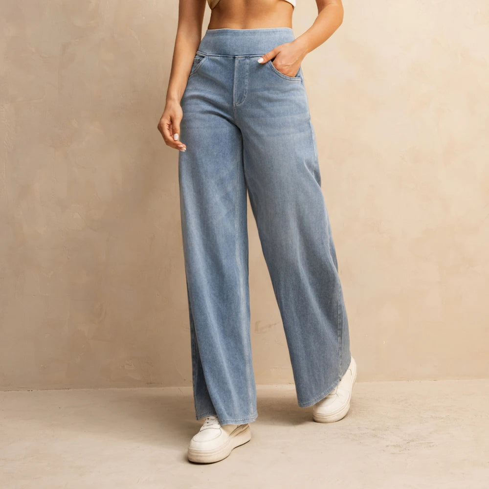 Yozy Women's High-Waisted Wide-Leg Jeans Light Blue Casual Knitted Pants with Pockets Baggy Fit