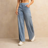 Yozy Women's High-Waisted Wide-Leg Jeans Light Blue Casual Knitted Pants with Pockets Baggy Fit