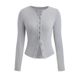 Yozy Women Crop Tops Summer Knit Ribbed Button Front Long Sleeve Shirt for Club Streetwear Aesthetic Grunge Clothes
