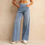 Yozy Women's High-Waisted Wide-Leg Jeans Light Blue Casual Knitted Pants with Pockets Baggy Fit