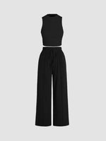 Yozy Solid Color Summer Two-Piece Pants Set – Sleeveless Vest & Wide-Leg Trousers, Fashionable Wrinkle-Free Outfit for Casual & Office Wear