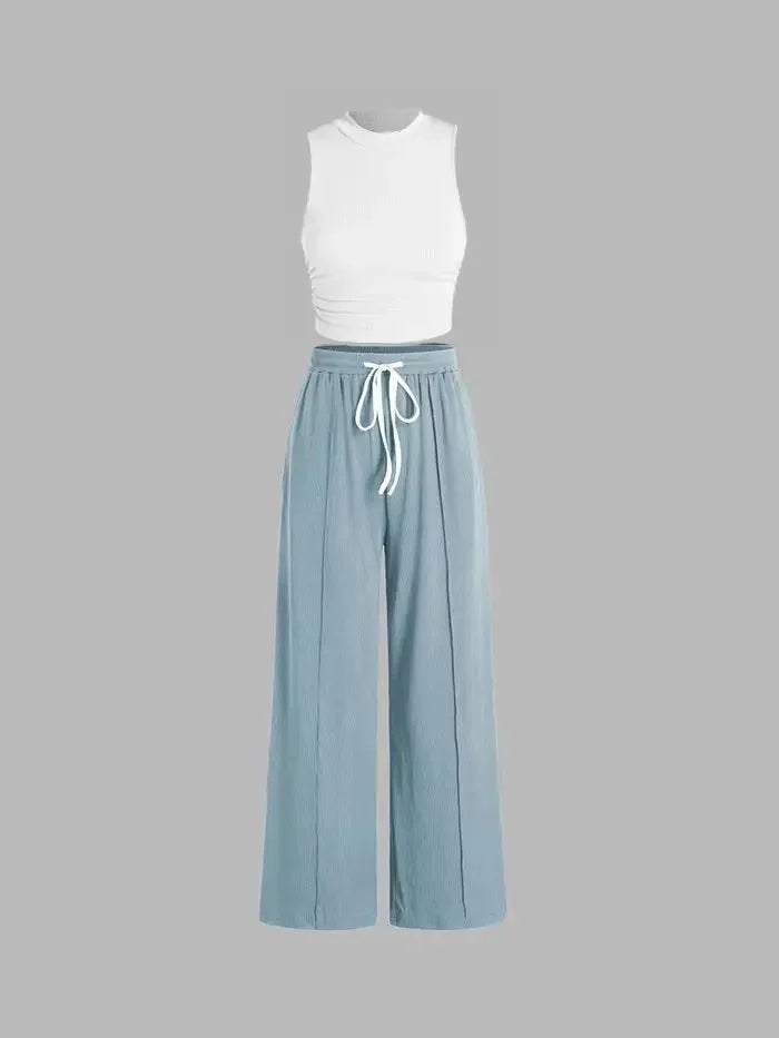 Yozy Solid Color Summer Two-Piece Pants Set – Sleeveless Vest & Wide-Leg Trousers, Fashionable Wrinkle-Free Outfit for Casual & Office Wear