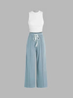 Yozy Solid Color Summer Two-Piece Pants Set – Sleeveless Vest & Wide-Leg Trousers, Fashionable Wrinkle-Free Outfit for Casual & Office Wear