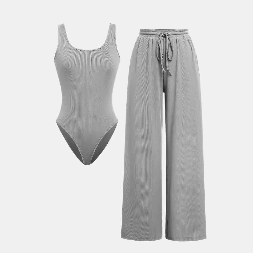 Yozy Pants Set Women Two Piece Sets Bodysuits Y2k Tops Sleeveless Vest Overalls Wide Leg Long Pants Lace Up High Waist Matching Sets