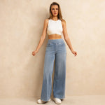 Yozy Women's High-Waisted Wide-Leg Jeans Light Blue Casual Knitted Pants with Pockets Baggy Fit