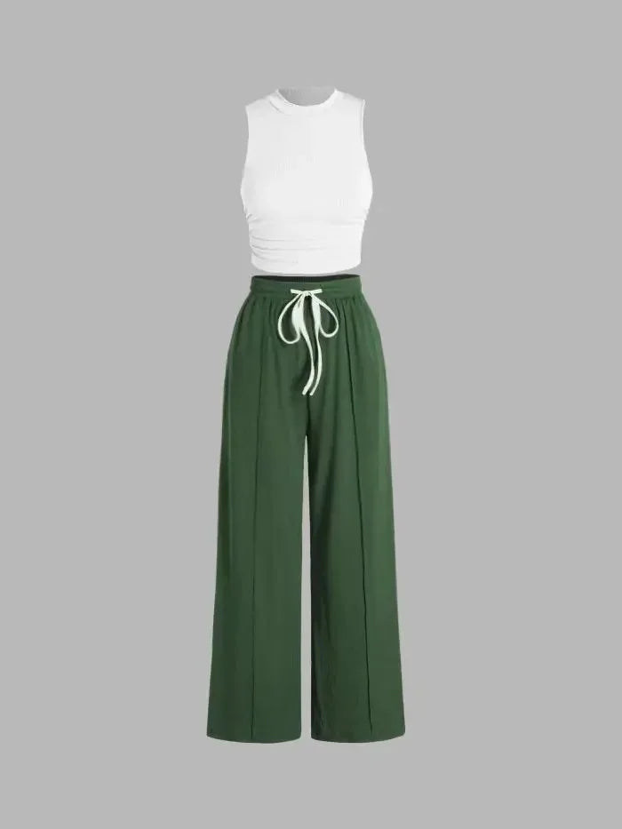 Yozy Solid Color Summer Two-Piece Pants Set – Sleeveless Vest & Wide-Leg Trousers, Fashionable Wrinkle-Free Outfit for Casual & Office Wear