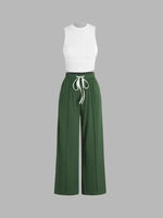 Yozy Solid Color Summer Two-Piece Pants Set – Sleeveless Vest & Wide-Leg Trousers, Fashionable Wrinkle-Free Outfit for Casual & Office Wear