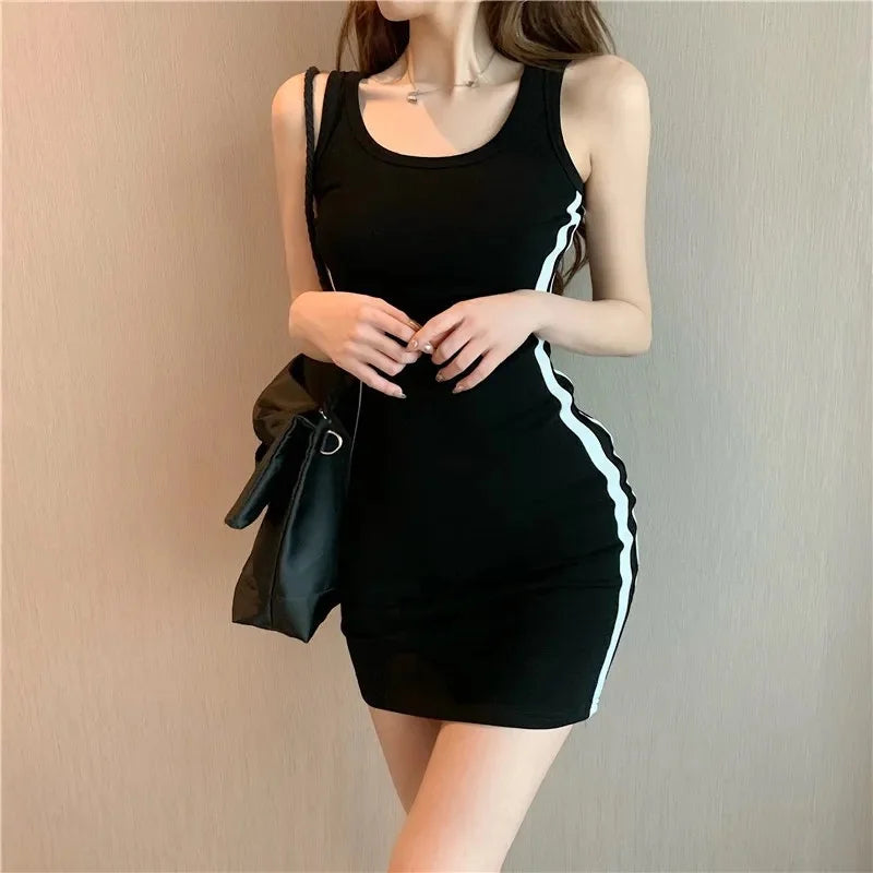 Yozy Summer Women Casual Sheath Dress Lady Spaghetti Strap Sleeveless Sexy Stretch Slim Dress