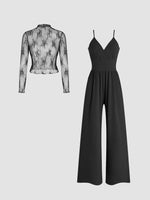 Yozy New Spring/Summer Women’s Lace Ruffle Sleeve Wide-Leg Pants Set – Elegant Two-Piece Outfit (Multicolor)