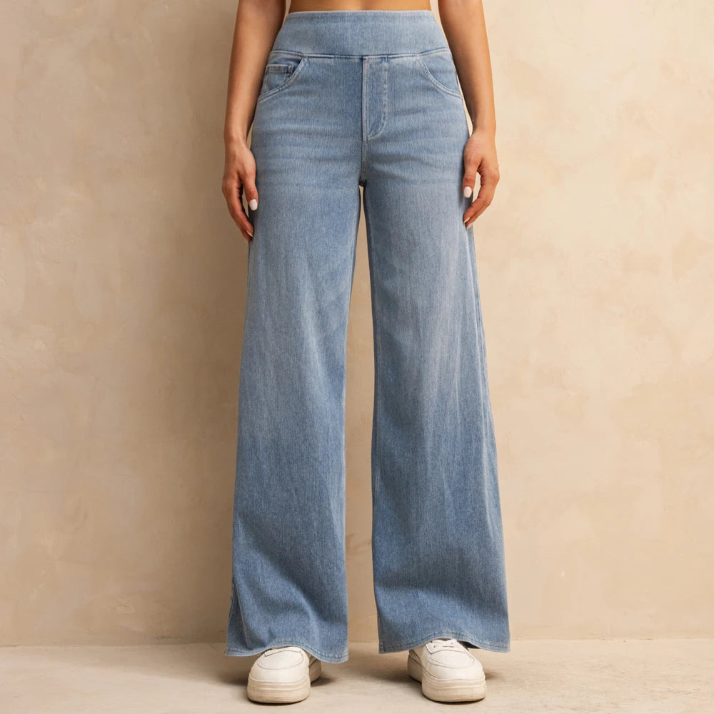 Yozy Women's High-Waisted Wide-Leg Jeans Light Blue Casual Knitted Pants with Pockets Baggy Fit