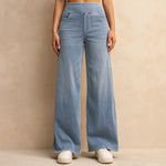 Yozy Women's High-Waisted Wide-Leg Jeans Light Blue Casual Knitted Pants with Pockets Baggy Fit