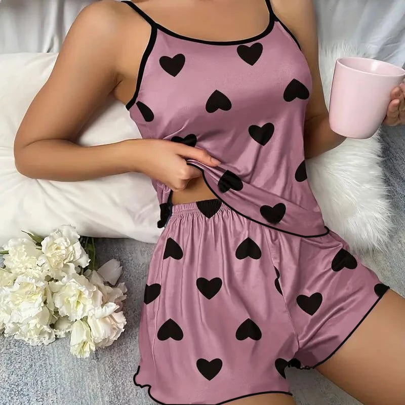 Yozy Women's Pajama Set Pajamas T-Shirts Shorts Pink Heart-Shaped Print Round Neck T-Shirt Ice Silk Top Comfortable Casual Summer ﻿