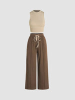 Yozy Solid Color Summer Two-Piece Pants Set – Sleeveless Vest & Wide-Leg Trousers, Fashionable Wrinkle-Free Outfit for Casual & Office Wear
