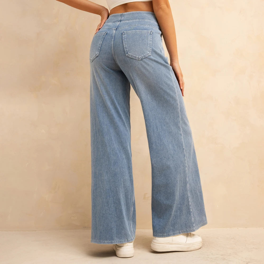 Yozy Women's High-Waisted Wide-Leg Jeans Light Blue Casual Knitted Pants with Pockets Baggy Fit