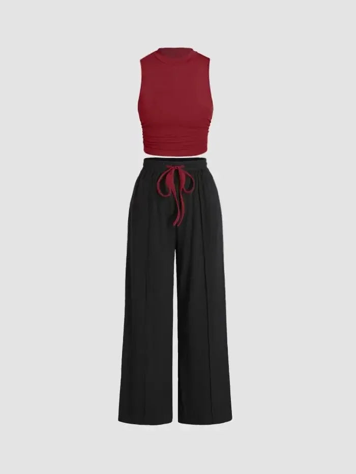 Yozy Solid Color Summer Two-Piece Pants Set – Sleeveless Vest & Wide-Leg Trousers, Fashionable Wrinkle-Free Outfit for Casual & Office Wear