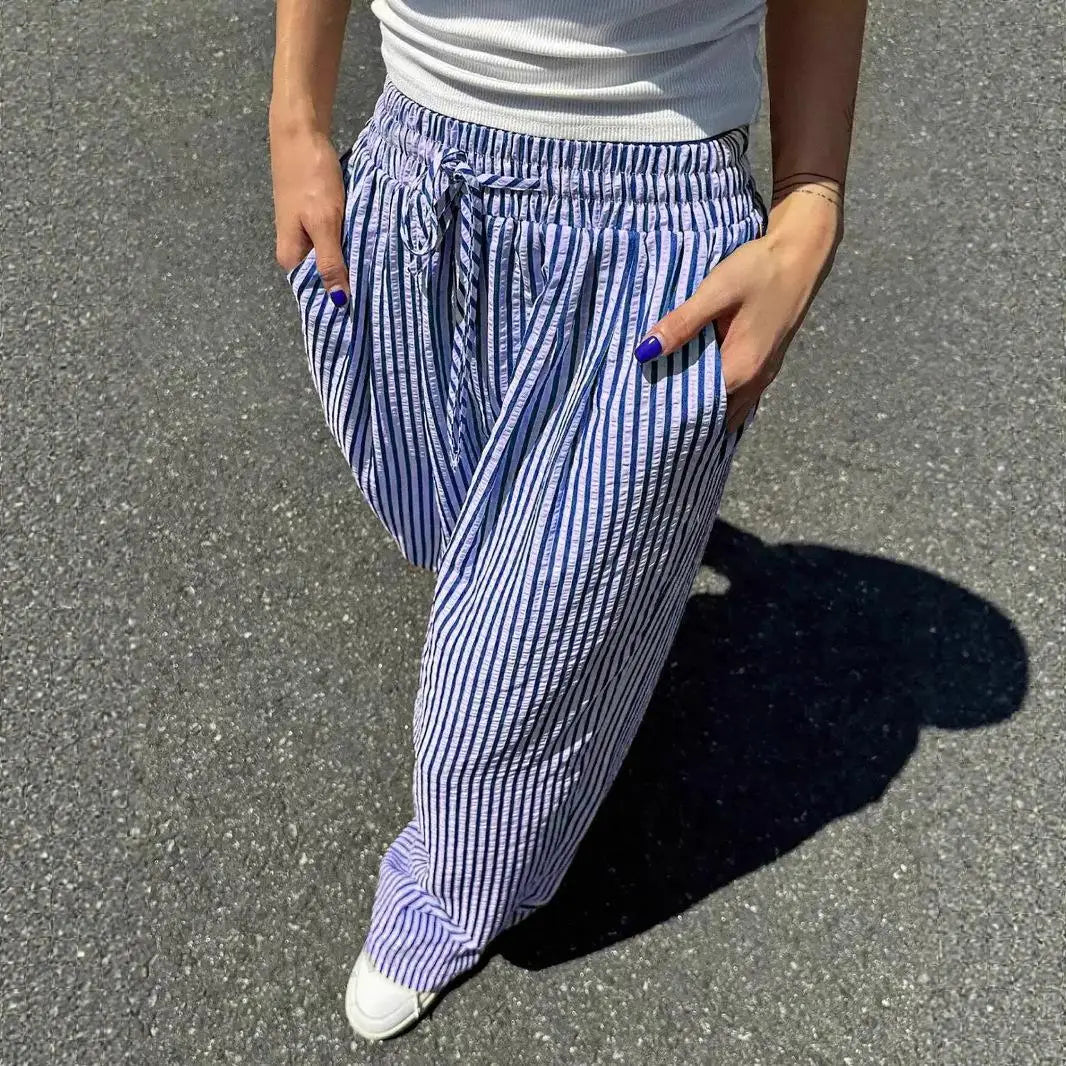 Yozy Women’s Casual Striped Straight-Leg Pants – Comfortable Polyester Trousers with Single Stripe Design for Middle-Aged Women