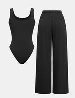 Yozy Pants Set Women Two Piece Sets Bodysuits Y2k Tops Sleeveless Vest Overalls Wide Leg Long Pants Lace Up High Waist Matching Sets