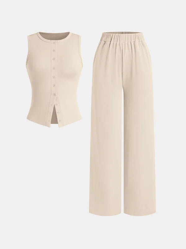 Yozy Women's Summer Thin Button Ribbed Vest Wide Leg Pants Set, Women's Ice Sense Casual Pants Set