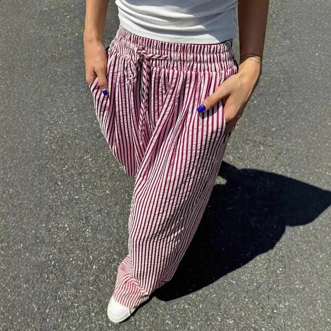 Yozy Women’s Casual Striped Straight-Leg Pants – Comfortable Polyester Trousers with Single Stripe Design for Middle-Aged Women