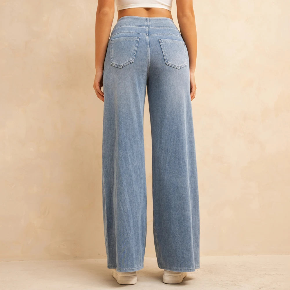 Yozy Women's High-Waisted Wide-Leg Jeans Light Blue Casual Knitted Pants with Pockets Baggy Fit