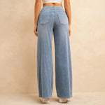 Yozy Women's High-Waisted Wide-Leg Jeans Light Blue Casual Knitted Pants with Pockets Baggy Fit