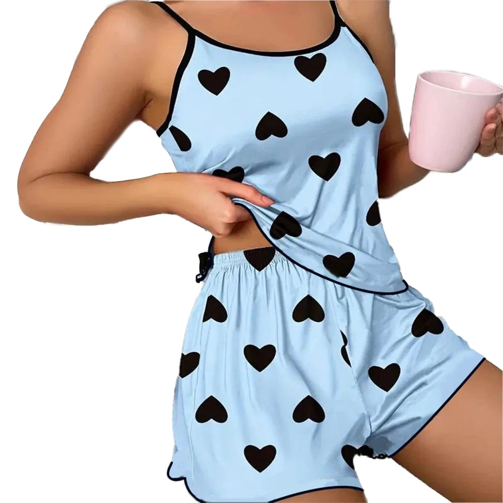 Yozy Women's Pajama Set Pajamas T-Shirts Shorts Pink Heart-Shaped Print Round Neck T-Shirt Ice Silk Top Comfortable Casual Summer ﻿