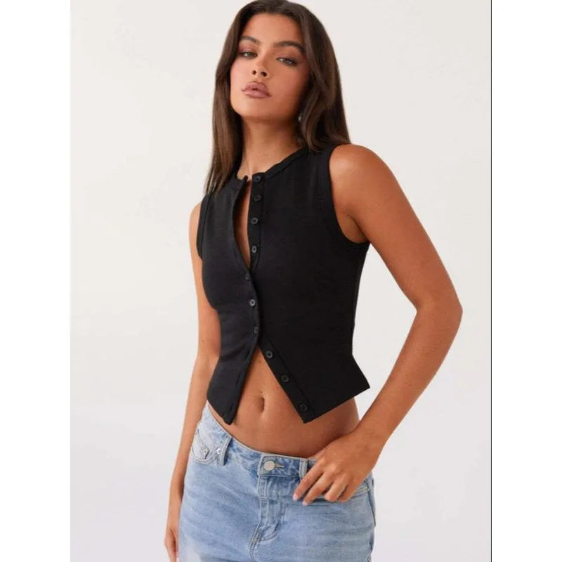 Yozy Women’s Ribbed Button-Down Tank Top – Sleeveless Slim Fit Crop Vest for Summer & Going Out