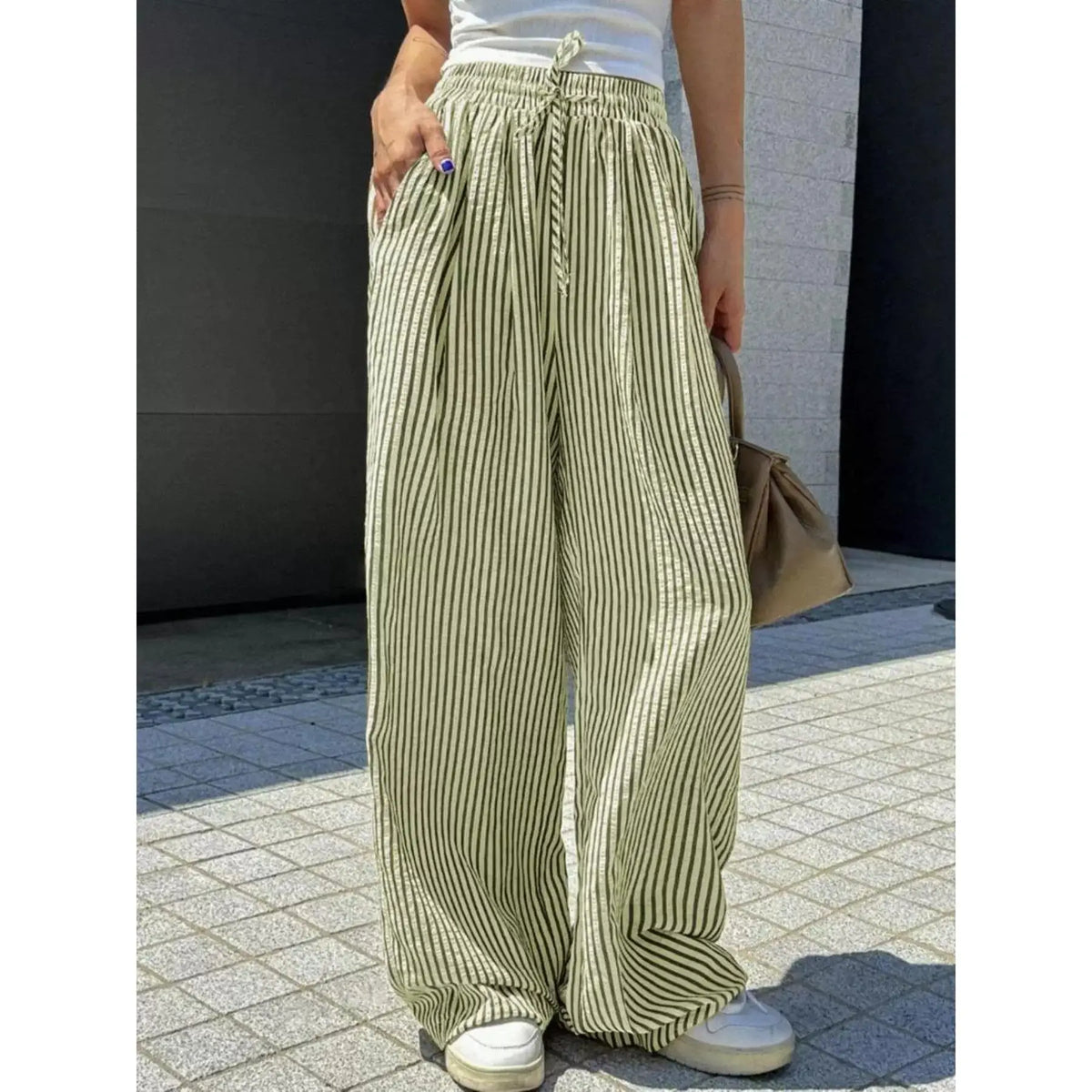 Yozy Women’s Casual Striped Straight-Leg Pants – Comfortable Polyester Trousers with Single Stripe Design for Middle-Aged Women