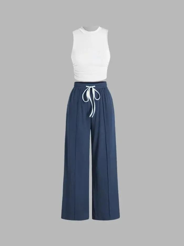 Yozy Solid Color Summer Two-Piece Pants Set – Sleeveless Vest & Wide-Leg Trousers, Fashionable Wrinkle-Free Outfit for Casual & Office Wear